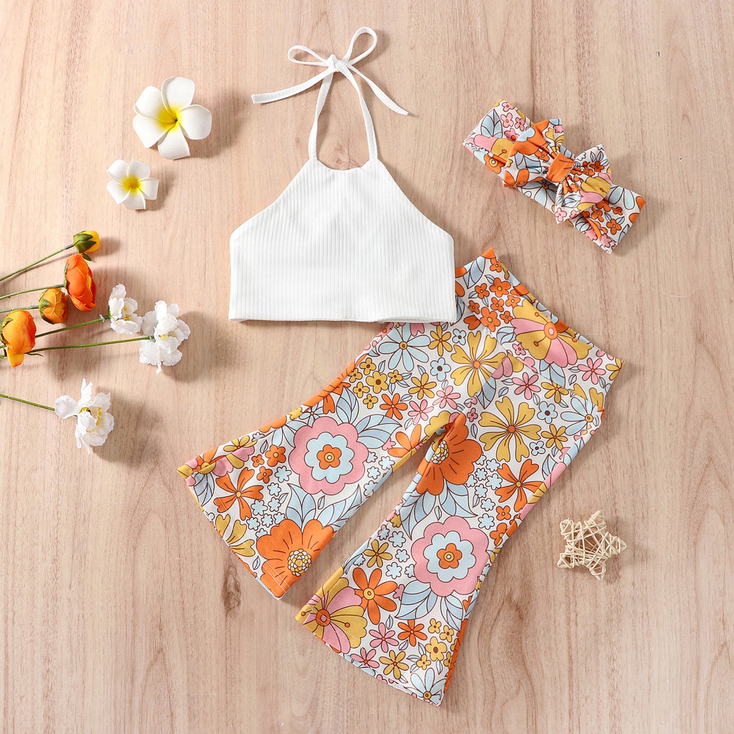 Children's Clothing Wholesale New Girls' Sling Shirt Printed Trousers Suit With Headdress