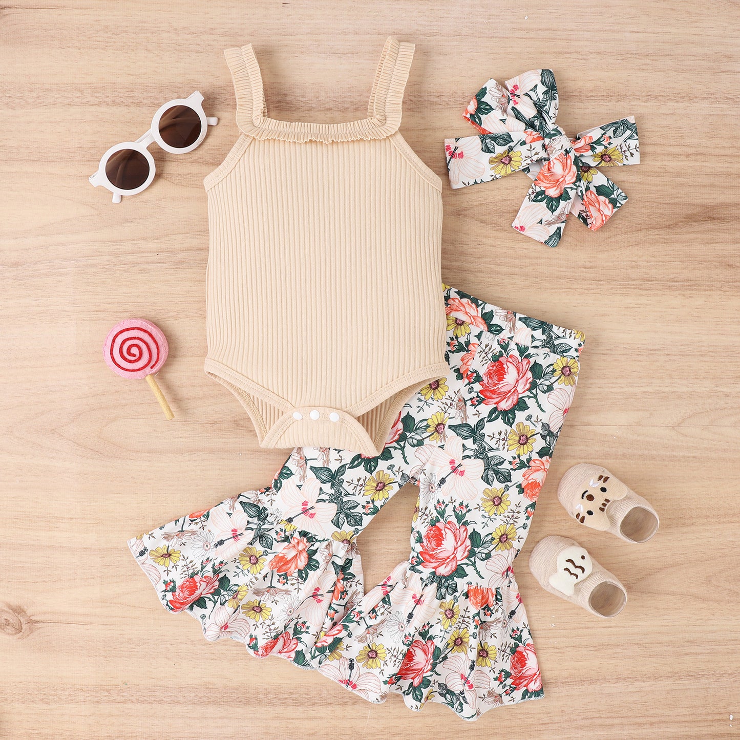 European And American Suspenders Cotton Open Crotch Bottom-covering Rompers Flower Printed Trousers With Headdress Set