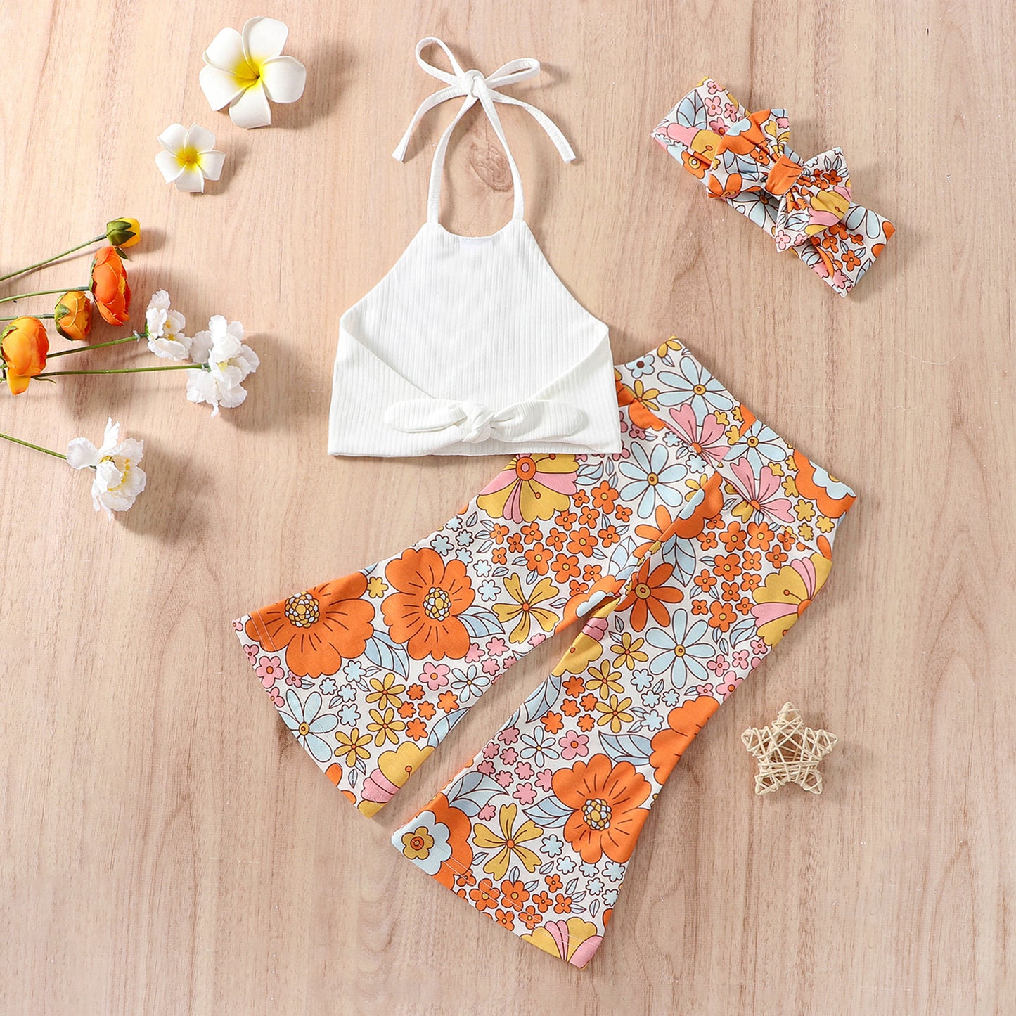 Children's Clothing Wholesale New Girls' Sling Shirt Printed Trousers Suit With Headdress