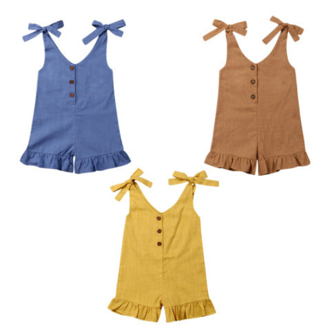 Girls' Summer Sturdy Pleated Sunsuit Jumpsuit
