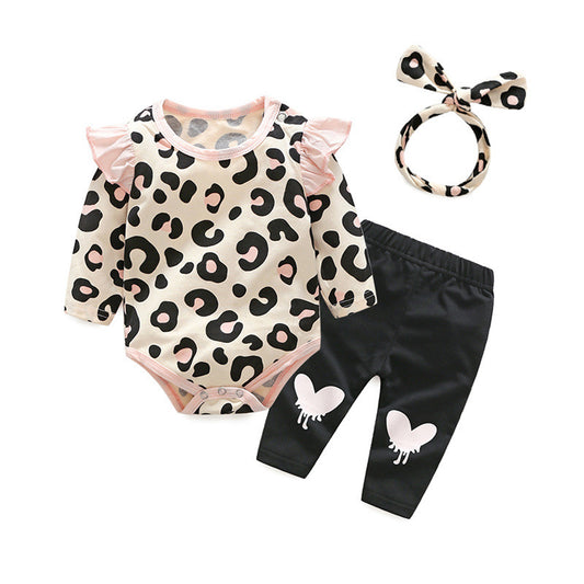 Hairband leopard print cute flying sleeve girls suit