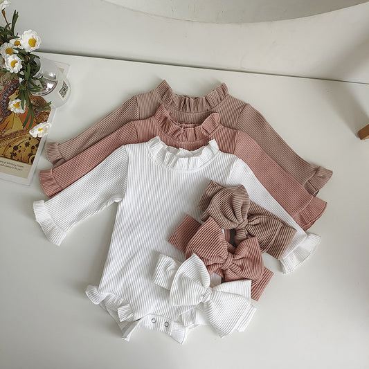 New Infant Autumn Sunken Stripe Romper Hair Band Set Baby Girl One-piece Tights