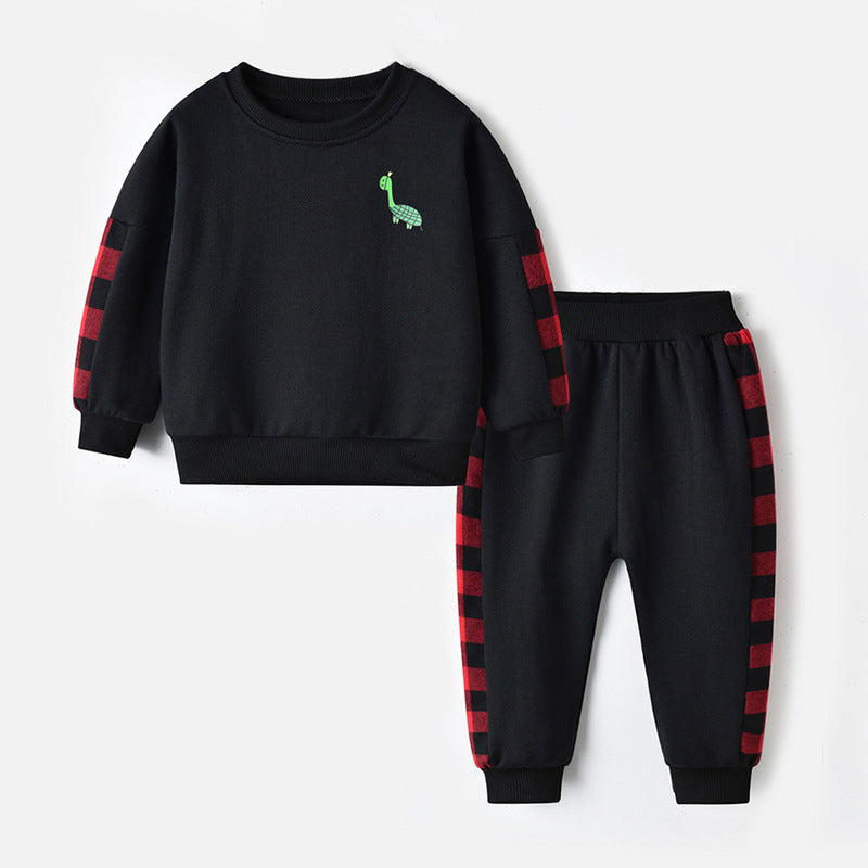 Two-piece Long-sleeved Sweater Stitching Red And Black Grid Trendy Trousers