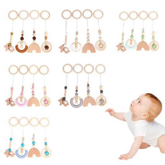 4 Pcs/Set Baby Play Gym Frame Stroller Hanging Pendants Wooden Ring Teether Molar Teething Nursing Rattle Toys Gifts Infant Room