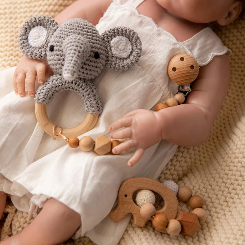 1set Baby Rattle Wooden Crochet Elephant Bells Music Teething Bracelet Pacifier Dummy Clips Gym Play Rodent Baby Products Toy