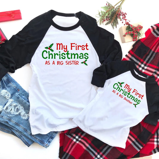 My First Christmas As A Big Brother/sister Children Christmas Anouncement Tshirt Kids Boys Girls Fashion Holiday Raglan Tops Tee