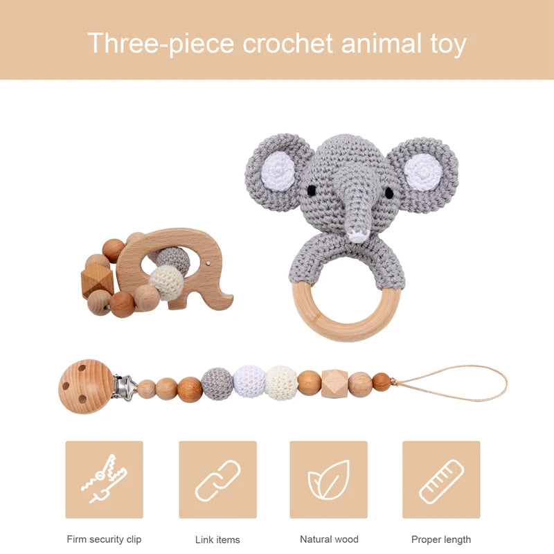 1set Baby Rattle Wooden Crochet Elephant Bells Music Teething Bracelet Pacifier Dummy Clips Gym Play Rodent Baby Products Toy