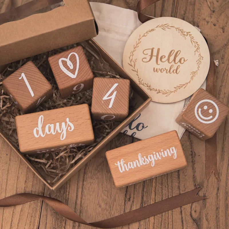 1Set Baby Milestone Cards Wooden Block With Box Commemorate Baby Birth Photography Prop Block Newborn Photography Props Set