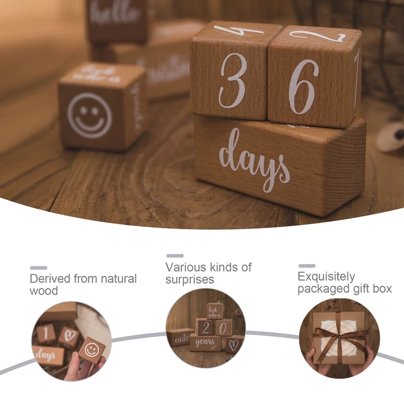 1Set Baby Milestone Cards Wooden Block With Box Commemorate Baby Birth Photography Prop Block Newborn Photography Props Set