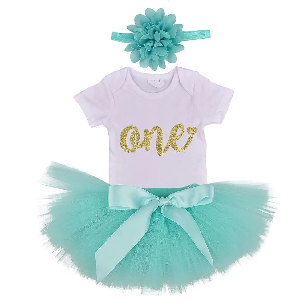 1 Year Baby Girl Tutu Outfit 1st First Birthday Party Outfits Toddler Infant Cake Smash Photo Props Flower Headband Set Bodysuit