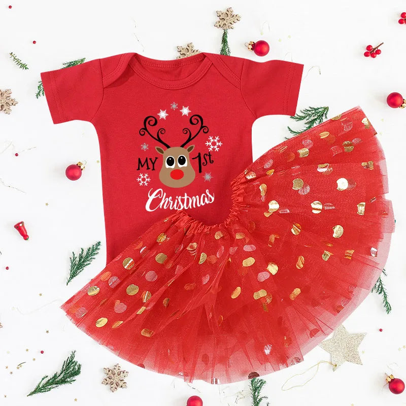 My First Christmas Baby Girl Clothes Set Dress Toddler Newborn Baby1st Christmas New Year Gown Outfits Infant Xmas Clothing