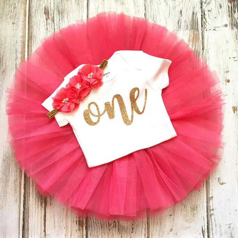 1 Year Baby Girl Tutu Outfit 1st First Birthday Party Outfits Toddler Infant Cake Smash Photo Props Flower Headband Set Bodysuit