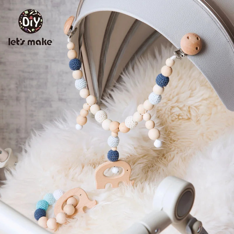 Let's Make Wood Teether Baby Bed Hanging Rattles Toy Make Noise Bird Elephant Shape Crochet Beads Bracelet Pram Clip Baby Rattle