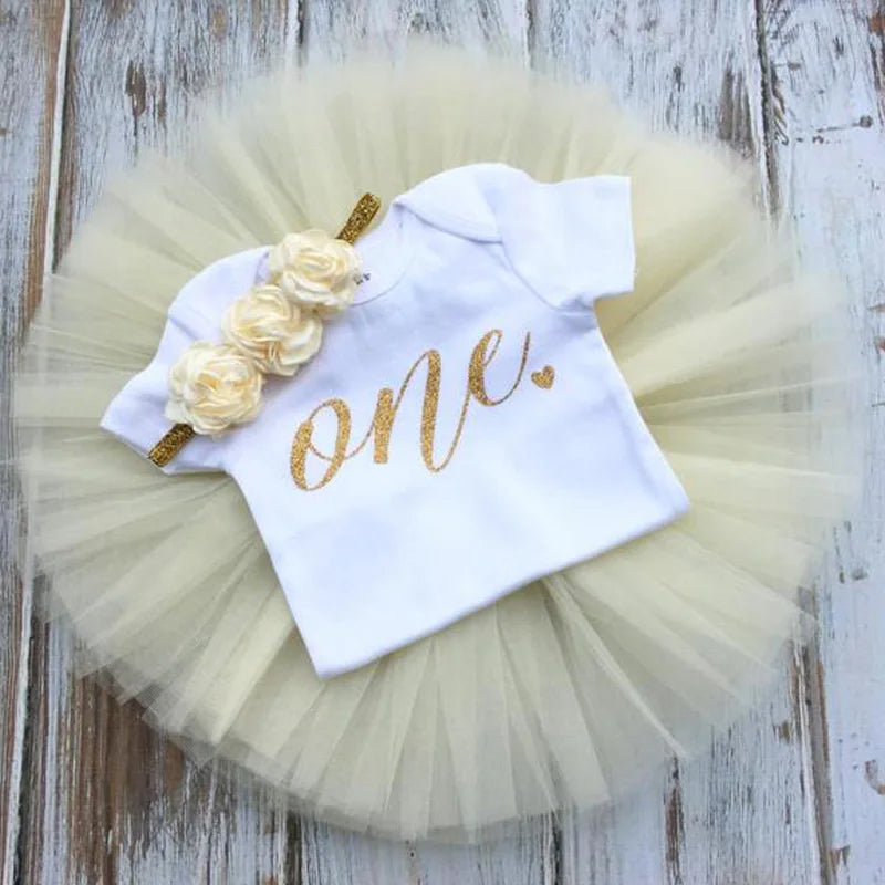 1 Year Baby Girl Tutu Outfit 1st First Birthday Party Outfits Toddler Infant Cake Smash Photo Props Flower Headband Set Bodysuit