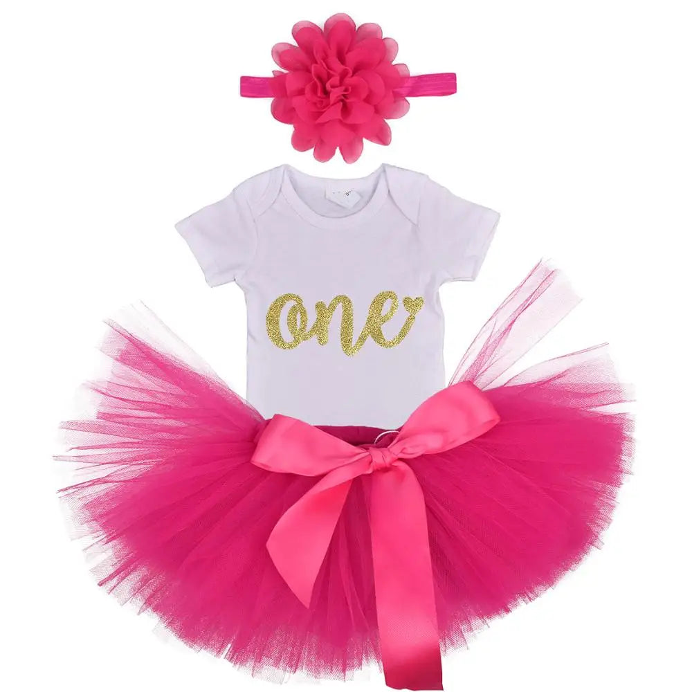 1 Year Baby Girl Tutu Outfit 1st First Birthday Party Outfits Toddler Infant Cake Smash Photo Props Flower Headband Set Bodysuit