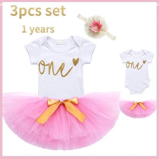 1 Year Old Baby Clothes Set Newborn Outfit for Girl Mesh Tutu Toddler Girl's Birthday Short Sleeve Romper + Pink Skirt+headband