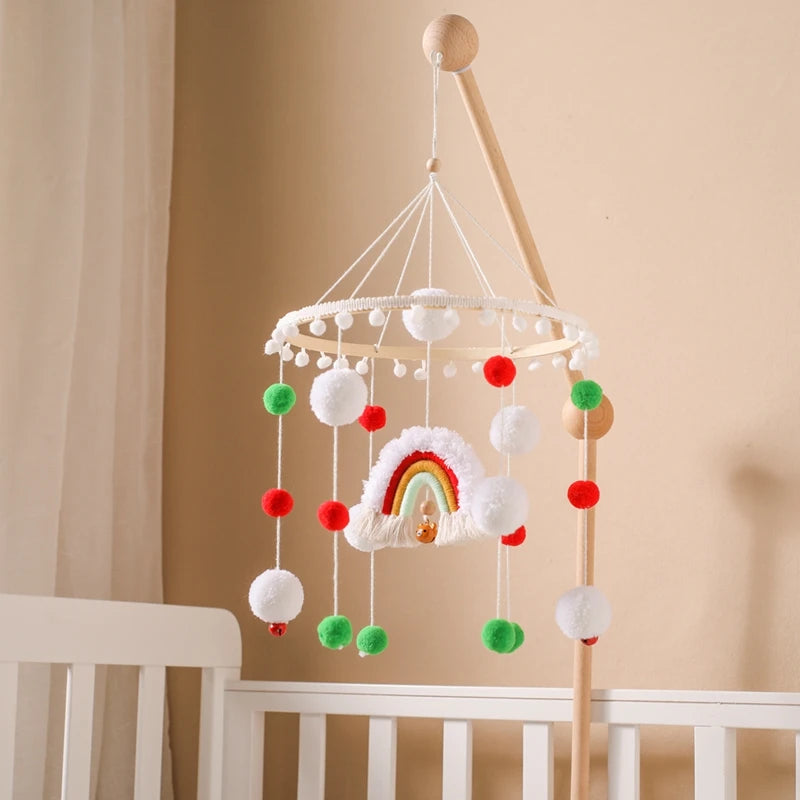 Baby Bed Bell Rainbow Hanging Toy 0-12 Months Newborn Wooden Mobile Music Rattle Toy Crib Holder Bracket Infant Bed Accessories