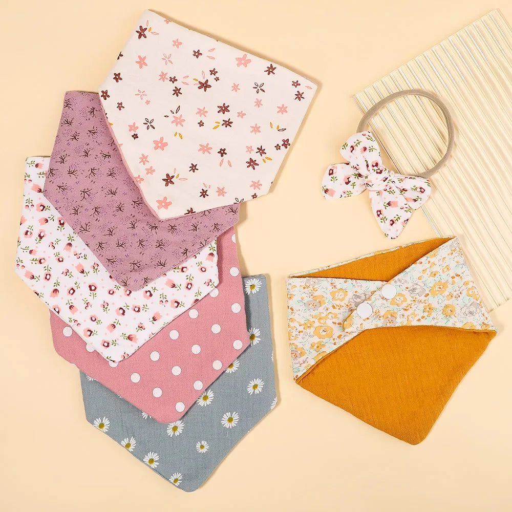 3Pcs/set Soft Baby Bib Bow Headband Adjustable Button Triangle Saliva Towel Print Infant Baby Feeding Burp Cloth Baby Headband