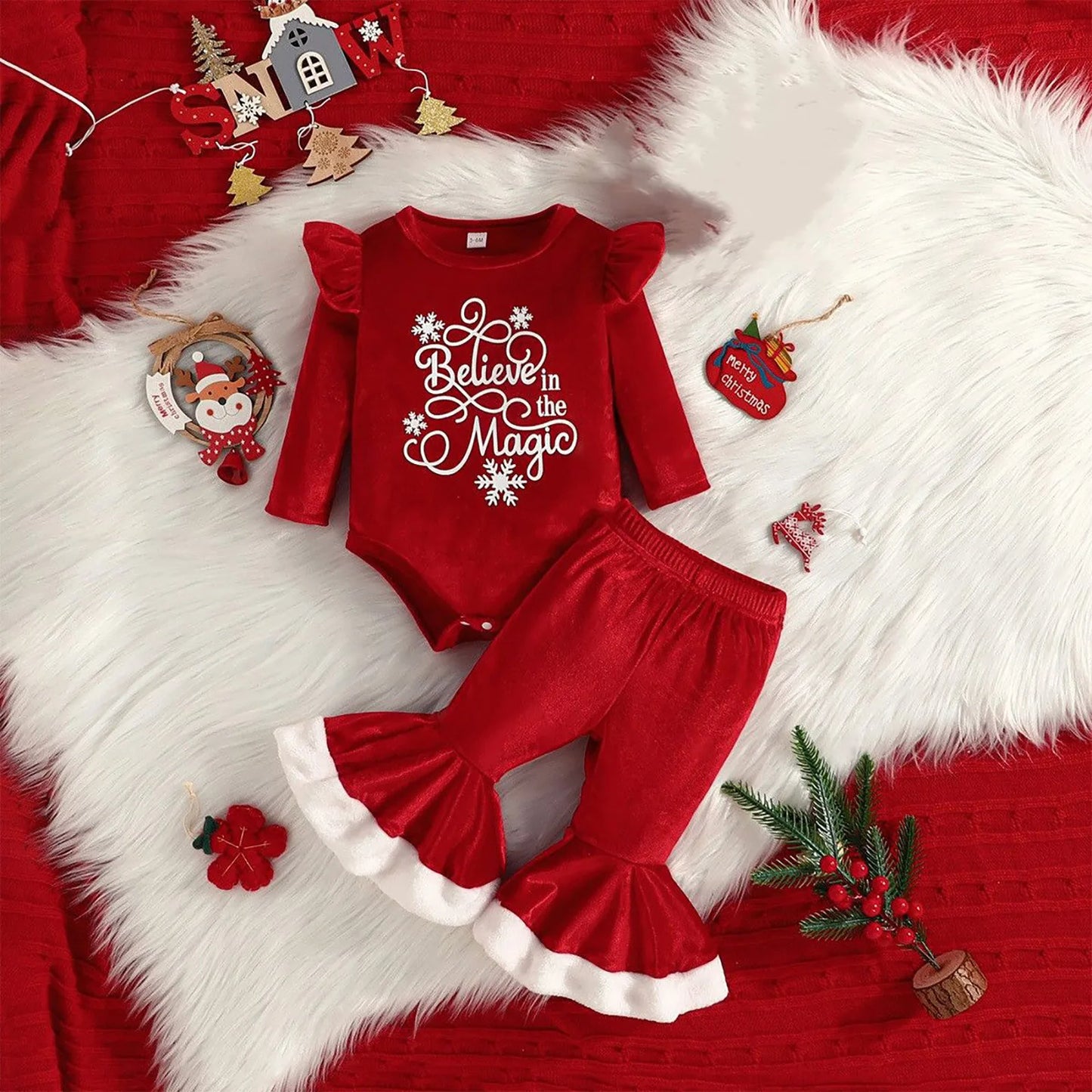 6M,9M,12M,18M,24M Newborn Infant Baby Girl Christmas Outfit My First Christmas Romper Pants Two Pieces Outfits Set Girls Clothes