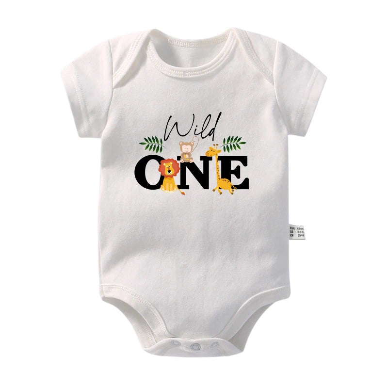 Wild One Baby Bodysuits Cute Animal Cartoon Print Infant 1st Birthday Jungle Party Outfits Cotton Toddler Birthday Rompers Gift