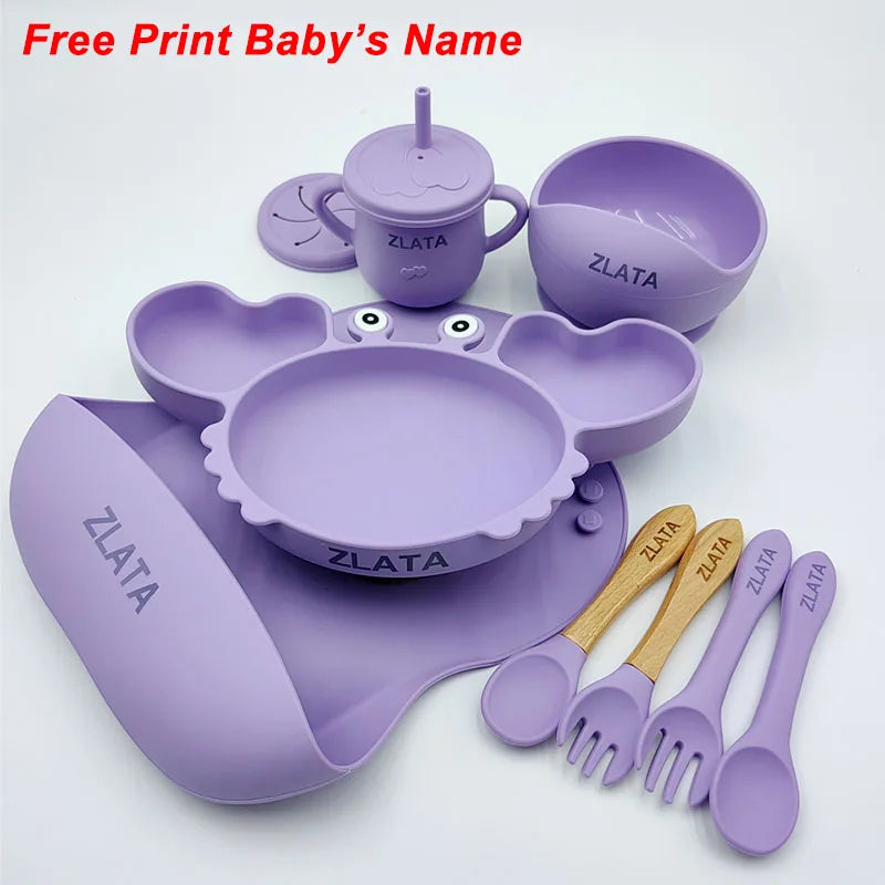 Crab Plate For Baby Silicone Tableware Suction Bowl Plate Tray Bibs Spoon Personalized Name Baby's Name Feeding Set For Kids