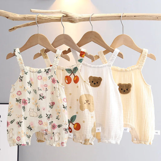 Summer Baby Girls Romper with Hat Cartoon Cherry Bear Jumpsuits Infant Sleeveless Muslin Clothing for Boys Bunny Printed Outfits