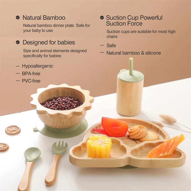 Baby Cloudy Bamboo Dinnerware Kid Feeding Tableware Set Bowl Plate Fork Spoon Silicone Cup Set Baby Feeding Dishes Accessories