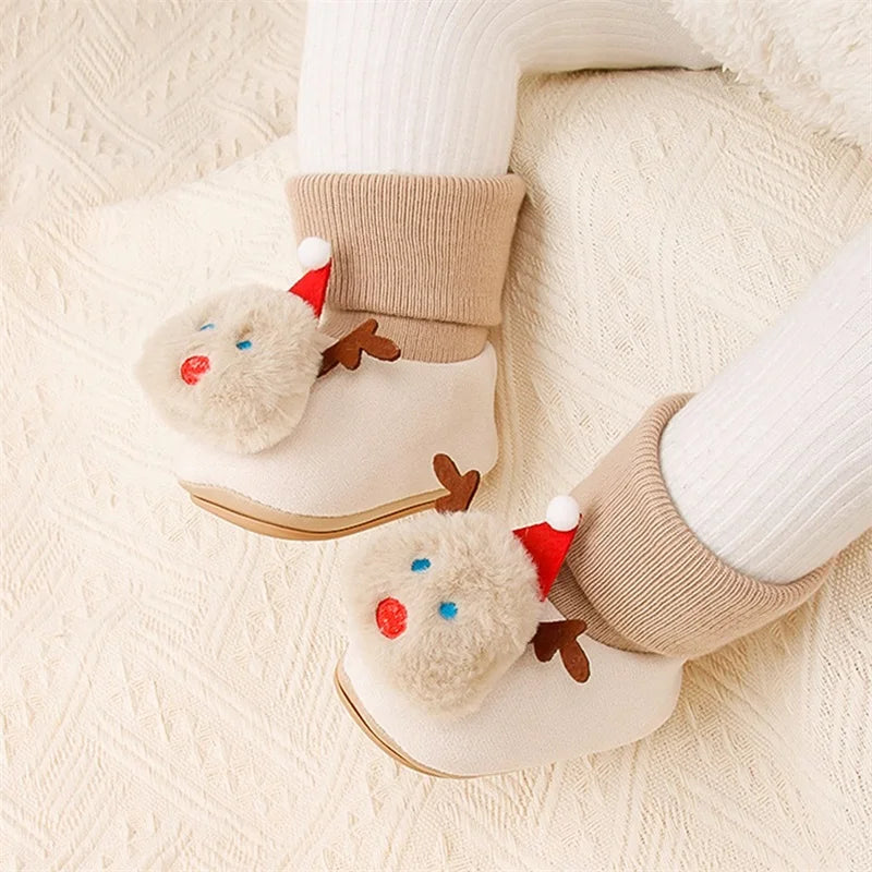 Baby Cute Christmas Socks Shoes Plush Santa/Reindeer/Snowman/Christmas Tree Non-Slip Soft Sole First Walking Shoes