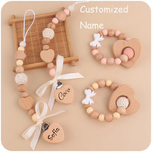 Custom Name Wooden Heart Bead Personalized Baby Pacifier Chain Dummy Holder Guard Teether Pendant  Newborn Gift Stuff