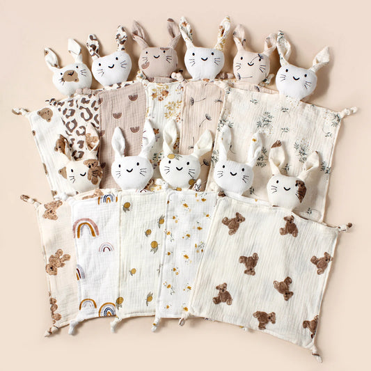 New Baby Cotton Muslin Comforter Blanket Newborn Sleeping Dolls Print Cat Kids Sleep Toy Soothe Appease Towel Bibs Saliva Towel