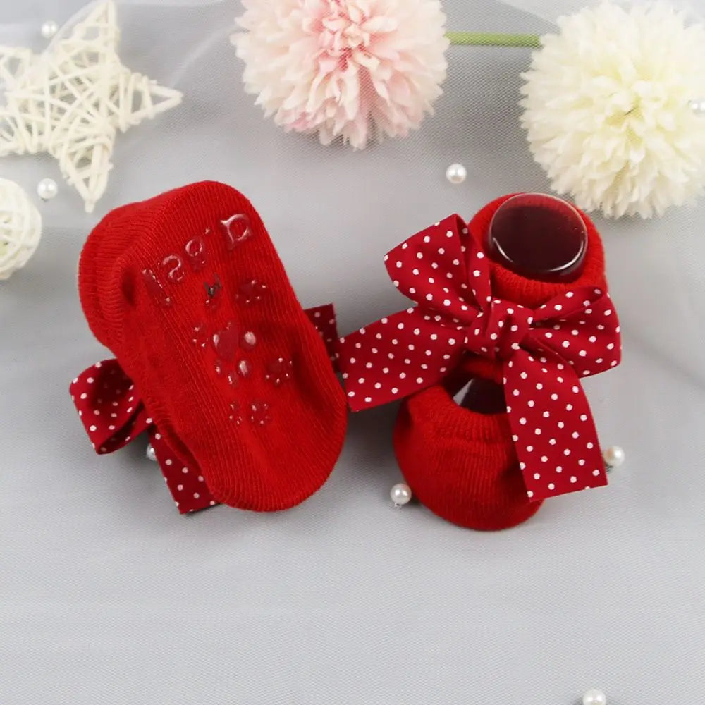 Gift Cotton Heart Red Bow Headband Infant Anti Slip Socks Newborn Baby Girl Socks Socks Headband Set Toddler Floor Socks