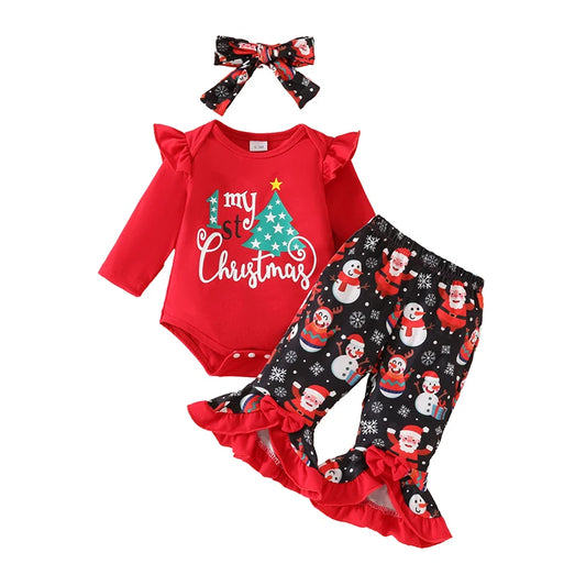 Baby Girl First Christmas Outfits Long Sleeve Tree Print Romper with Flare Pants Headband Set Newborn Clothes