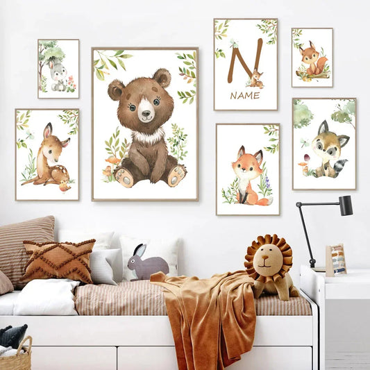 Woodland Animals Fox Bear Rabbit Squirrel Baby Name Custom Art Canvas Painting Posters Prints Wall Pictures For Kids Room Decor