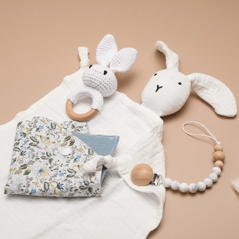 Let's Make Rabbit Doll Set for Baby Double Sided Cotton Blanket Wooden Rattle Pacifier Bracelet Teether Newborn Accessories