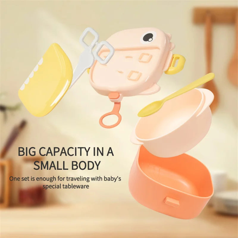 4 Piece Set Baby Complementary Food Bowls Anti Scalding PP Material Heat Preservation Dinosaur Tableware With Scissor And Spoon