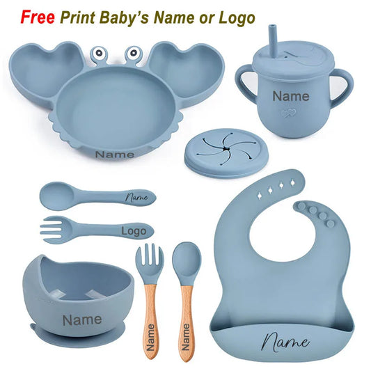 Crab Plate For Baby Silicone Tableware Suction Bowl Plate Tray Bibs Spoon Personalized Name Baby's Name Feeding Set For Kids