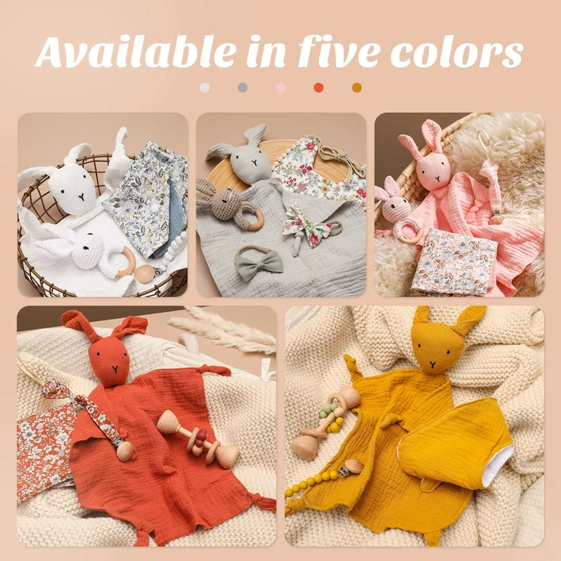 Let's Make Rabbit Doll Set for Baby Double Sided Cotton Blanket Wooden Rattle Pacifier Bracelet Teether Newborn Accessories