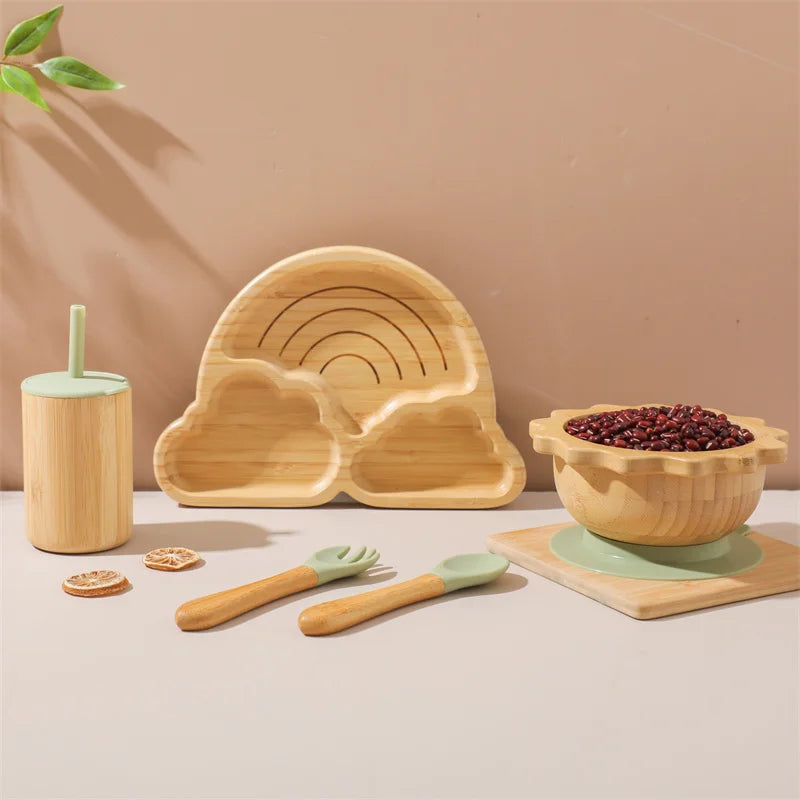 Baby Cloudy Bamboo Dinnerware Kid Feeding Tableware Set Bowl Plate Fork Spoon Silicone Cup Set Baby Feeding Dishes Accessories