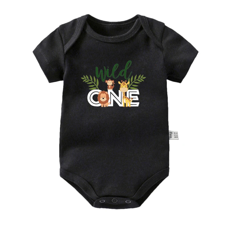 Wild One Baby Bodysuits Cute Animal Cartoon Print Infant 1st Birthday Jungle Party Outfits Cotton Toddler Birthday Rompers Gift