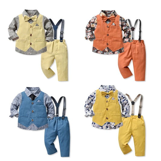 Kids Clothes Boys Long Sleeve Shirt Top + Vest + Bow Tie + Suspender Pants Wedding Suit Birthday Outfit for Kids Child