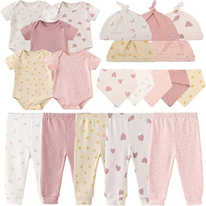 2023 Unisex Cotton New Born Baby Girl Clothes Sets Bodysuits+Pants+Hats+Gloves/Bibs Baby Boy Clothes Solid Color Cartoon Bebes