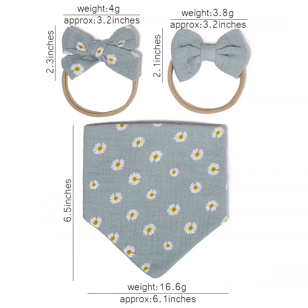 3Pcs/set Soft Baby Bib Bow Headband Adjustable Button Triangle Saliva Towel Print Infant Baby Feeding Burp Cloth Baby Headband