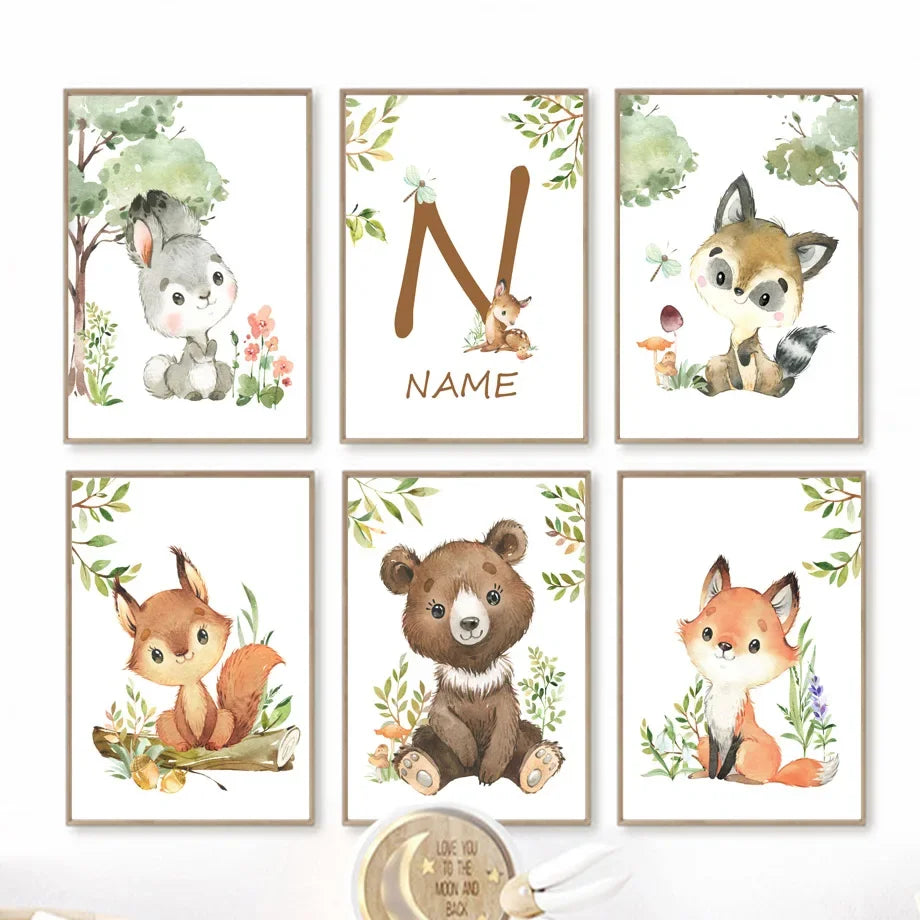 Woodland Animals Fox Bear Rabbit Squirrel Baby Name Custom Art Canvas Painting Posters Prints Wall Pictures For Kids Room Decor