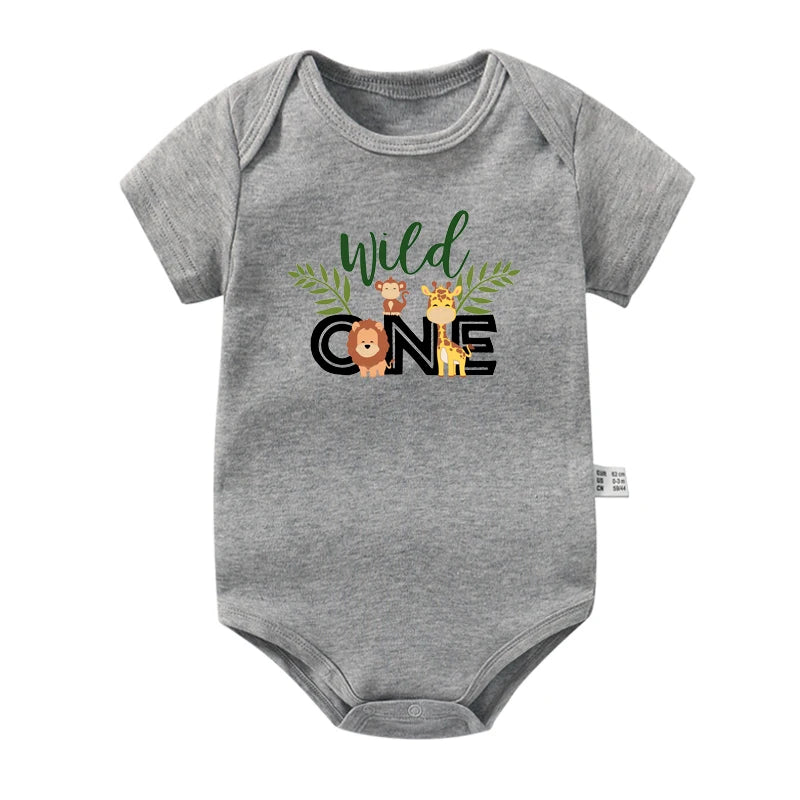 Wild One Baby Bodysuits Cute Animal Cartoon Print Infant 1st Birthday Jungle Party Outfits Cotton Toddler Birthday Rompers Gift