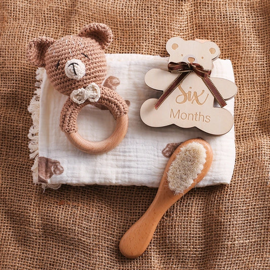 Baby Crochet Bear Sensory Toys 0 12 Months Wooden Rattle Toys Set Milestone Card Wooden Brush Set Baby Shower Accessories Toys