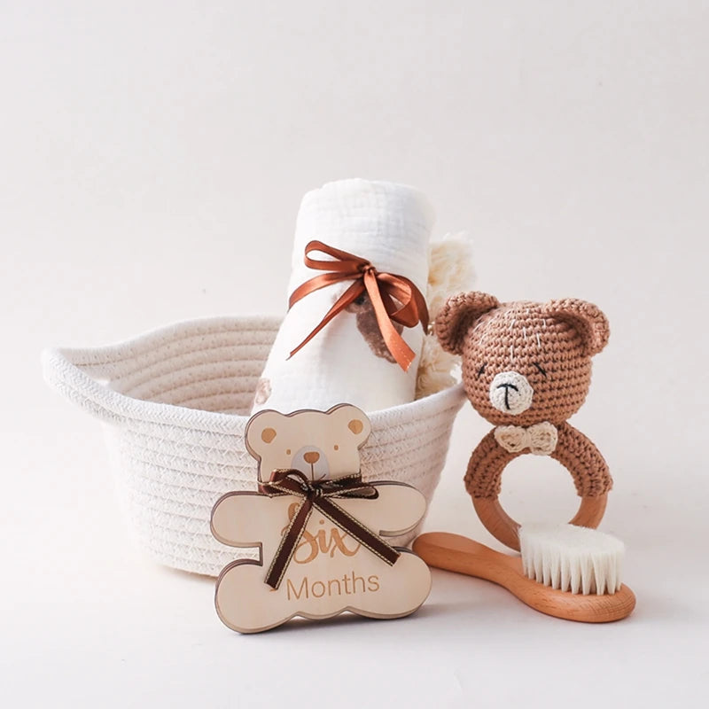 Baby Crochet Bear Sensory Toys 0 12 Months Wooden Rattle Toys Set Milestone Card Wooden Brush Set Baby Shower Accessories Toys