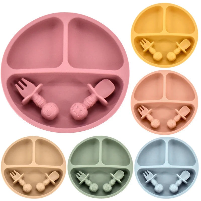 4Pcs/Set Baby Safe Silicone Dining Plate Solid Cute Cartoon Children Dishes Smile Face Baby Tableware Set Retro Kids Plate