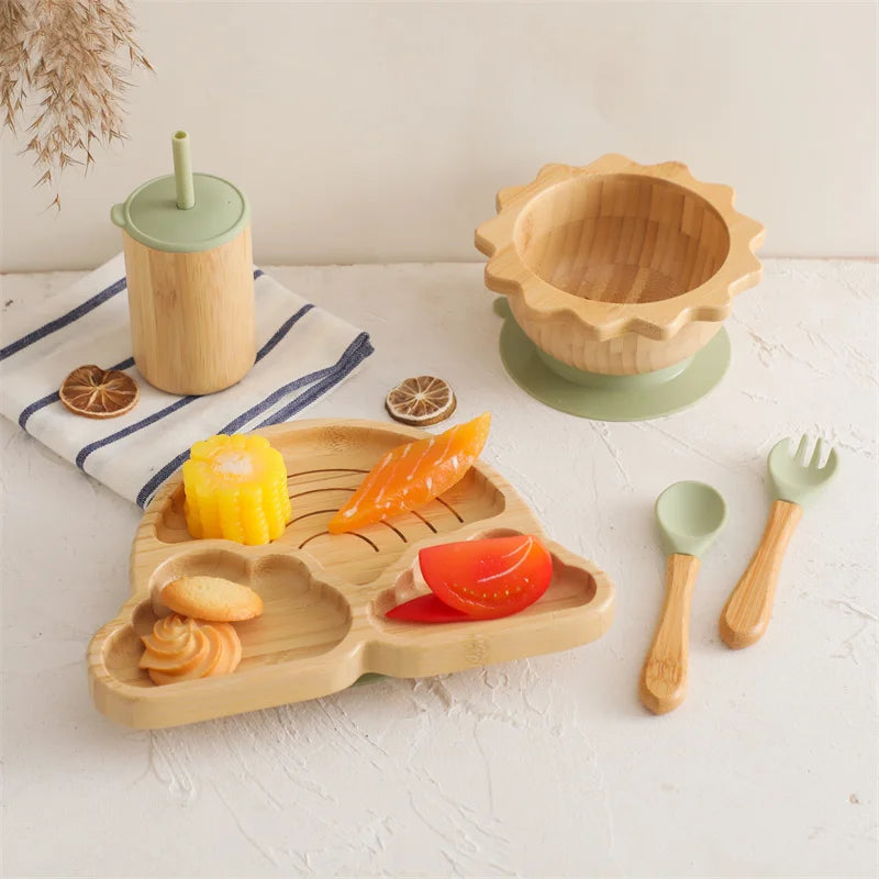 Baby Cloudy Bamboo Dinnerware Kid Feeding Tableware Set Bowl Plate Fork Spoon Silicone Cup Set Baby Feeding Dishes Accessories