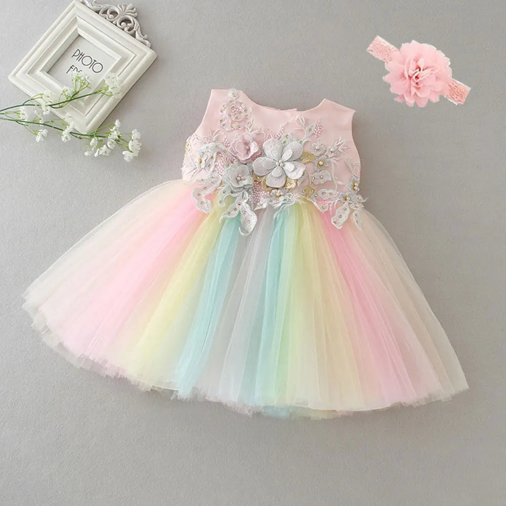 Baby Appliques Formal Princess Dresses for Girl Rainbow Tulle Birthday Party Dress Infant Girl Dress Baby Clothes 3-24M