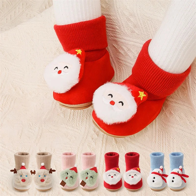 Baby Cute Christmas Socks Shoes Plush Santa/Reindeer/Snowman/Christmas Tree Non-Slip Soft Sole First Walking Shoes